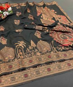 TRADICIONAL SUAVE LICHI SEDA JACQUARD TEJIDO TRABAJO SAREE CON BLUSA DESCOSTADA DESPIECE DE FIESTA PRECIO AL POR MAYOR ROPA ÉTNICA NEGRO - Product Image 2