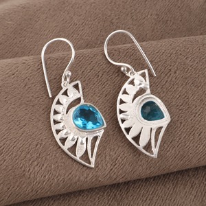 Niharika Gems Women's 925 Silver Bohemia Drop <b>Earrings</b> Geometric Pattern Swiss <b>Blue</b> <b>Topaz</b> Bezel Setting Everyday Wear - Product Image 5