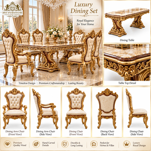 Ensemble de table à manger de style palais haut de gamme pour villas américaines, suite de salle à manger royale haut de gamme, fabriquée à la main en bois massif avec placage en feuille d'or - Product Image 5
