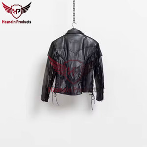 Chaqueta de Cuero Genuino Negro para Mujer con Flecos y Borlas, Ribete Trenzado, Abrigo Vaquero de Piel de Oveja, Estilo Vintage Personalizado, Ropa de Invierno - Product Image 5