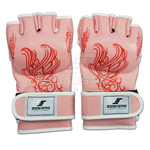 Gants d'entraînement MMA SONISPO rose demi-doigts avec motif flamme rouge, fermeture Velcro, unisexe, en similicuir, pour arts martiaux - Product Image 2