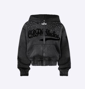Sudadera con capucha de algodón pesado para hombre, personalizada 2025, con lavado ácido, bordado desgastado, estilo urbano, pedrería, invierno, digital - Product Image 1