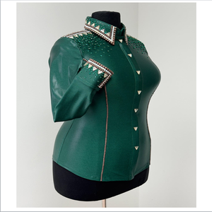 เสื้อลายม้าโชว์ผ้าสแปนเด็กซ์สีขาวมรกตสีขาวดำคอเสื้อ - Product Image 1