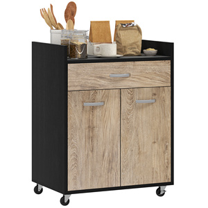 HOMCOM Kitchen Trolley with Drawer, Cabinet and 4 <b>Wooden</b> <b>Wheels</b>, 60x40x77cm, Black - Product Image 1