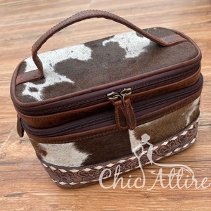 Newest 2024 Luxury Hand <b>Tooled</b> Floral Travel Cosmetic Bag for Women's Western Hair on Cowhide Multifunction Makeup Organizer Bag - Product Image 1