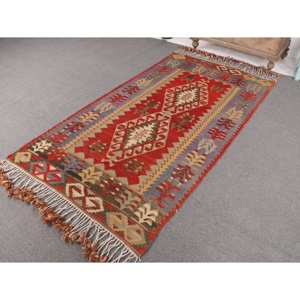 Vintage Turkish Rug, Area 3.9x7.2 ft (119x219 cm) Rug, <b>Red</b> Patchwork <b>Wool</b> Rug - Product Image 2
