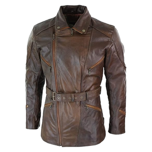 Blouson de motard unisexe noir en cuir véritable avec ceinture, poches zippées, coupe ajustée, style moto, pour automne-hiver, coupe-vent, col rabattable - Product Image 2