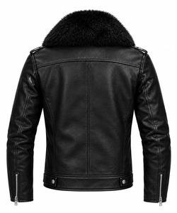 Blouson de motard en cuir noir pour homme, col en fausse fourrure, coupe ajustée, veste de moto d'hiver, fermeture éclair, manches amovibles - Product Image 4