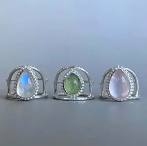 Unique Fancy Ring Jewelry Smooth Oval Cabochon Prehnite Gemstone Ring 12x10 mm In Size Bezel Set Brass Silver Plated Double Ring