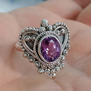 Natural Amethyst <b>Boho</b> <b>Ring</b> Handmade Sterling Silver Statement Heartshape with Oval Cut Diamond Birthday Anniversary Gift for Her - Product Image 6