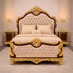 Ensemble de lit sur mesure en velours rouge et teck, grand format, avec tête de lit capitonnée, design traditionnel, meubles de chambre à coucher, look majestueux - Product Image 3