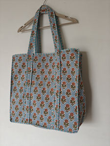 Sky Blue Eco-Friendly Large Floral Print Women's Tote <b>Bag</b> Beautiful Indian Cotton Quilted Daily Shopping <b>Travel</b> Open Closure - Product Image 5