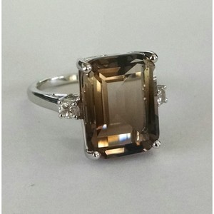 Anillo Solitario de Plata de Ley 925 para Mujer Shah Gems, Cuarzo Ahumado Natural, Topacio Blanco, Corte Esmeralda, Baño de Rodio, Uso Diario - Product Image 1