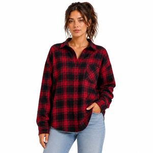 Chemise en flanelle à carreaux pour femmes, manches longues, boutonnée, coupe ample, décontractée, col rabattu, poches, vêtements d'automne - Product Image 1
