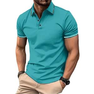 Camiseta de polo informal de color sólido para hombre, jersey de manga corta con borde cruzado, camisa de temporada de tela de punto estampada - Product Image 1