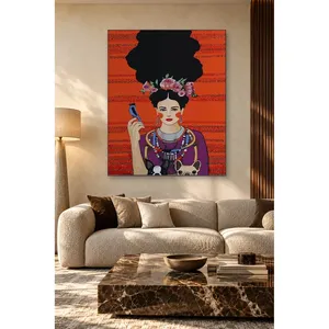 Fida, femme avec couronne de fleurs et chiens sur fond rouge, impression sur toile - Product Image 3