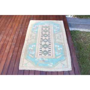 Alfombra Turca Pequeña de 3x4.4 pies (91x135 cm), Alfombra de Lana Azul Vintage con Diseño Abstracto - Product Image 1