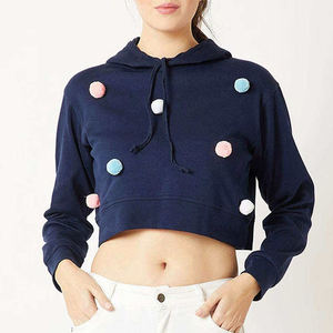 Sweat-shirt à capuche court pour femme, bleu marine, avec appliques de pompons colorés, manches longues, style décontracté, tricoté, style automne - Product Image 3
