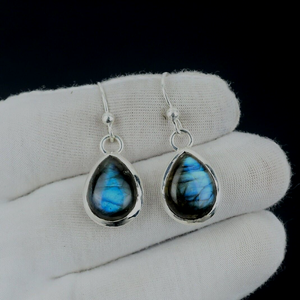 Magnifique boucle d'oreille en labradorite bleue naturelle, pierre précieuse, argent sterling 925, or, 10x14 mm, forme poire, pendante, vintage, cadeau pour femme - Product Image 4