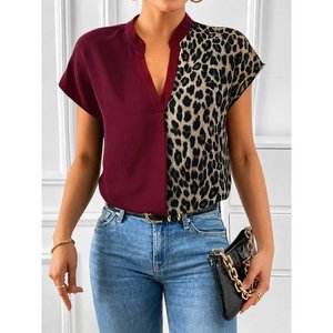 Chemisier court à manches courtes et col en V pour femme, imprimé léopard, Sandy, 35715 - Bordeaux - Product Image 1