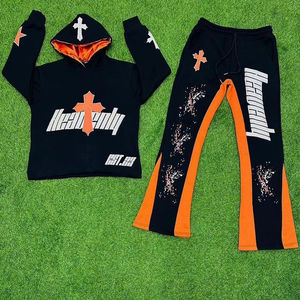 Conjunto de chándal unisex negro y naranja, Sudadera con capucha y pantalones de Jogger estampados personalizados, diseño cruzado, traje de calle de dos piezas - Product Image 1