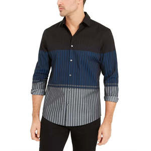 Camicia Casual da Uomo Alfani Vestibilità Classica 100% Cotone Popeline Colletto con Bottoni a Righe Sfumate Colorblock Antipiega Blu Navy Taglia L - Product Image 1