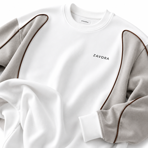 Sweat-shirt pour homme blanc à col rond avec empiècements taupe et détails de passepoil sur les manches, pull décontracté, logo personnalisé, fabricant de sweats à capuche en gros aux États-Unis - Product Image 3