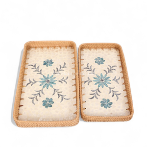 Plateau élégant en rotin et nacre, vente en gros, approvisionnement en vrac, vaisselle décorative pour hôtels, restaurants, exportations B2B - Product Image 2