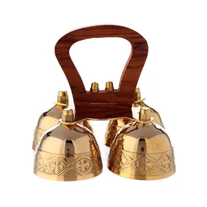 Handmade Brass Tabletop Four Bells With Shiny Polish Finishing Round Shape Engraved Design With Wooden Handle For Religious