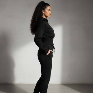 Custom Women <b>Black</b> Cotton Tracksuit Structured Waist Seaming Hoodie Slim Joggers Knee Curve Accentuating Two Piece <b>One</b> Set - Product Image 3