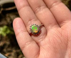 Women's 925 Sterling <b>Silver</b> Cocktail <b>Ring</b> with Round Brilliant Cut Diamond and Prong Set <b>Opal</b> Rhodium Plated Minimalist Design - Product Image 3