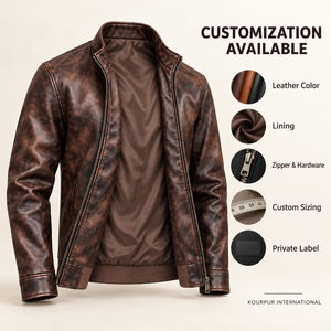 Vintage Brown Leather <b>Jacket</b> <b>Men</b> Stand Collar Zipper Bomber Custom Front Logo Winter Outerwear Waxed Design Waterproof ODM - Product Image 5
