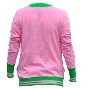 Cardigan rose et vert rayé motif surdimensionné tricoté sororité pull broderie bouton décor décontracté hiver col en V Cardigan - Product Image 3