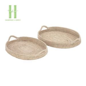 Bandeja redonda de algas marinas de alta calidad con asa OEM algas marinas con cordón blanco bandejas ovaladas Decoración de mesa al por mayor Vietnam hecho a mano - Product Image 1