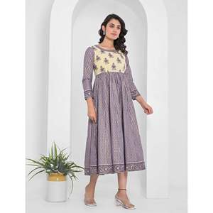 Vestido Anarkali largo de algodón con estampado de bloques azul marino, producto de ropa americana - Product Image 5