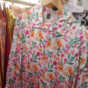 100% rayonne multicolore rayé tunique à manches longues coupe ample haut cou cordon Vintage décontracté Resort porter pour l'été avant fait - Product Image 1