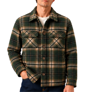 Veste en tissu écossais doublée Green Borg pour homme, veste boutonnée d'hiver avec doublure intérieure en polaire douce, motif écossais et poches poitrine - Product Image 1