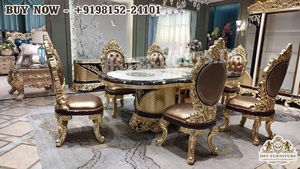 Juego de Comedor de Madera de Teca Moderno y Lujoso de Estilo Barroco Europeo Negro Dorado para 10 Personas - Product Image 5
