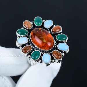 Amber Green <b>Onyx</b> Sunstone Ring Handmade 925 Sterling Silver Luxury Boho Jewelry Multi Gemstone Rhodium Plated Valentine's Gift - Product Image 1