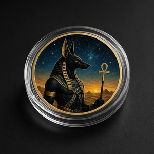Moneta Rotonda in Metallo Dorato Personalizzata con Anubis, Dio Egizio, a Doppia Faccia, con Ankh, Scala e Piramide, Regalo Ispirato al Mito Antico - Product Image 2