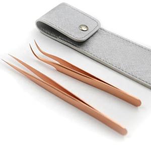 Juego de Pinzas para Extensión de Pestañas de Acero Inoxidable Color Oro Rosa, Rectas y Curvas Resistentes, con Estuche, Herramienta de Maquillaje para Injertos - Product Image 1