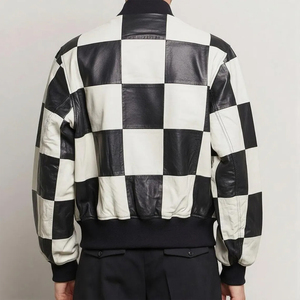 Blouson aviateur en cuir à carreaux noir et blanc |   Veste de mode de rue unique - Product Image 6