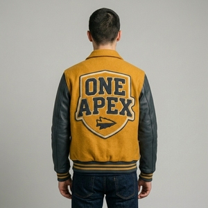 Blouson universitaire noir moutarde en laine avec manches en cuir, col et poignets en tricot côtelé, fermeture à boutons-pression, logo personnalisé, streetwear, vêtement d'extérieur pour homme - Product Image 2