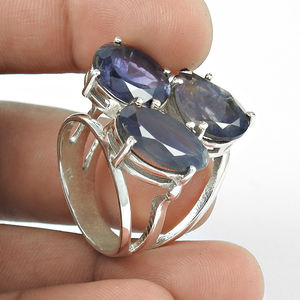 Pierre précieuse naturelle Iolite Bague ethnique à trois pierres en argent sterling 925 Conception de commande personnalisée Fabricant de bijoux Exportateur indien - Product Image 4