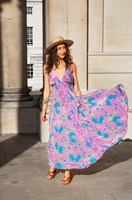 Robe d'été trapèze de créateur à imprimé floral personnalisé avec décolleté en V profond et motif coloré, dos nu, bretelles spaghetti pour femme