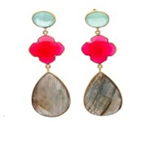 Pendientes en forma de pera y trébol, labradorita, calcedonia y Aqua, Gema de Calcedonia, Plata de Ley 925 - Product Image 1