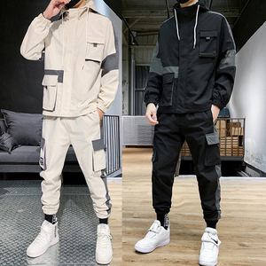 Street Wear Overalls Men 2 Piece Track Suit Fashion Patchwork Cargo Pockets Tracksuit Sweatsuit <b>Joggers</b> Men Fall Sets - Product Image 2