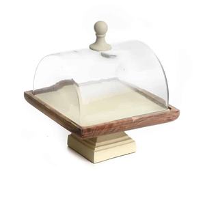 Plateau en bois bol support à gâteau avec dôme en verre plateau à pâtisserie élégant pour améliorer le décor de fête - Product Image 2