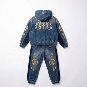 2026 <b>Men</b> <b>Tracksuit</b> Set Two Piece Acid Wash Solid Denim Bottom <b>Velour</b> Embroidered Jacket Pants Streetwear Custom Wholesale - Product Image 2