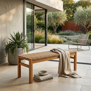 Natural Solid Teak Wood Paper Cord Woven <b>Bench</b> Long Outdoor Patio Garden Dining <b>Bench</b> Room Setup Decor Pure Art Room Design - Product Image 4
